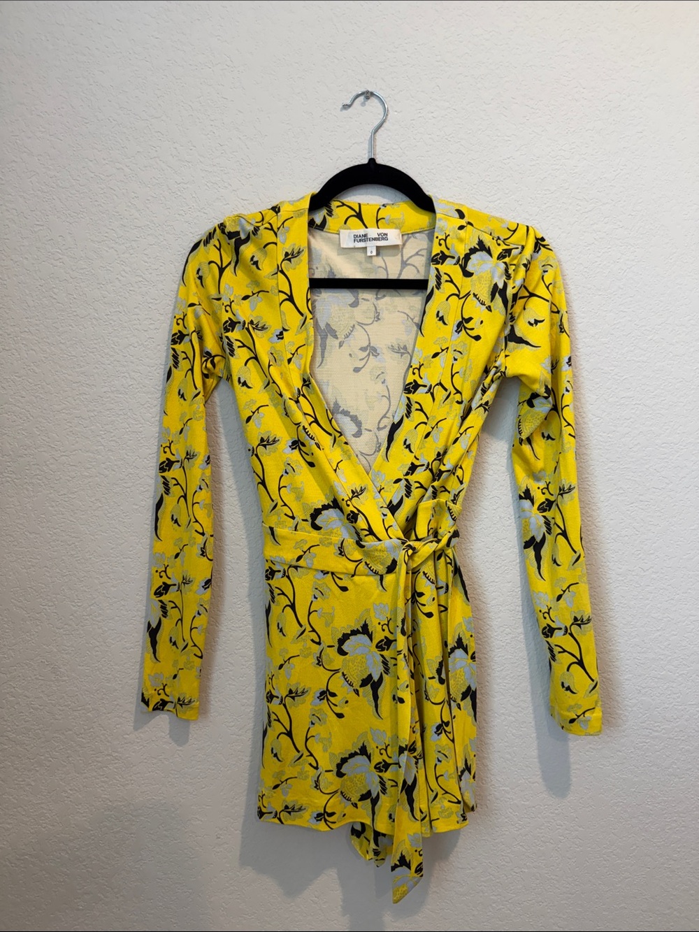 Diane Von Furstenberg Yellow Floral Long-Sleeve Wrap Dress